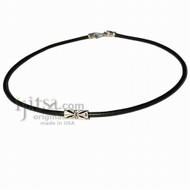 3mm Black Leather Necklace with silver filigree tube tribes bead, silver plate lobster clasp