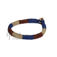 Leather Bracelet wrapped with Dark Blue, Dark Brown and Natural hemp