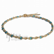 Natural twisted hemp necklace with small aqua glass beads throughout
