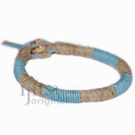Leather Bracelet or anklet wrapped with Sky Blue and Natural hemp