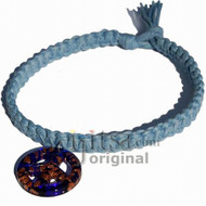 Sky blue wide flat hemp necklace with Blue Glitter Glass Peace Sign