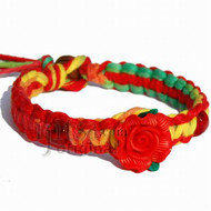 Red and rasta rainbow flat hemp bracelet with red clay rose