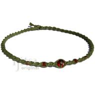 Avocado twisted  hemp necklace with round red glass bead