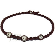 Dark brown twisted hemp necklace with three white bone beads