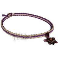Natural and purple flat wide hemp necklace with purple glass turtle