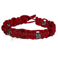 Dark red leather bracelet or anklet with red glass and pewter beads
