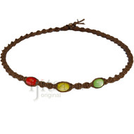 Light brown twisted Hemp, Red, Yellow and Green resin beads surfer style choker necklace