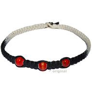 Black White Rainbow Wide Flat Hemp Necklace with Red Glass Beads
