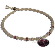 Natural Twisted Hemp Necklace with Clear/Plum Flower Glass Pendant