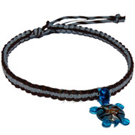 Chocolate and sky blue flat wide hemp necklace with sky blue glass turtle