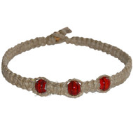 Natural thick wide flat hemp necklace with large red glass beads