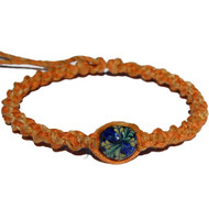 Golden brown and pumpkin twisted wide hemp necklace blue glass bead with green flower