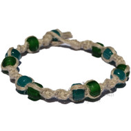 Natural twisted hemp bracelet or anklet with opaque matte green and aqua glass beads