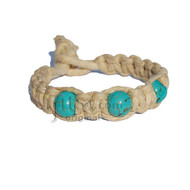 Natural thick flat hemp bracelet or anklet with three turquoise howlite beads