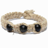 Natural thick flat hemp bracelet or anklet with three black obsidian beads