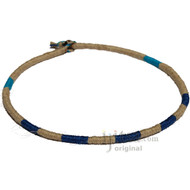 Leather Necklace wrapped with Natural, Dark Blue and Turquoise hemp