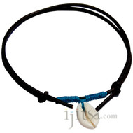 Black leather, turquoise hemp  Cowry shell adjustable necklace