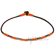 Brown leather necklace with Orange hemp and metal beads