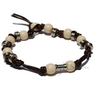 Dark brown leather bracelet  with off white wooden and metal beads