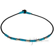 Black leather necklace with turquoise hemp and metal beads