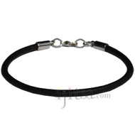 3mm round black matte leather bracelet or anklet, rhodium silver plated lobster clasp