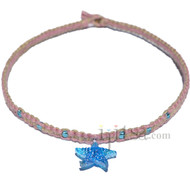 Rose and natural flat hemp necklace with blue starfish glass pendant