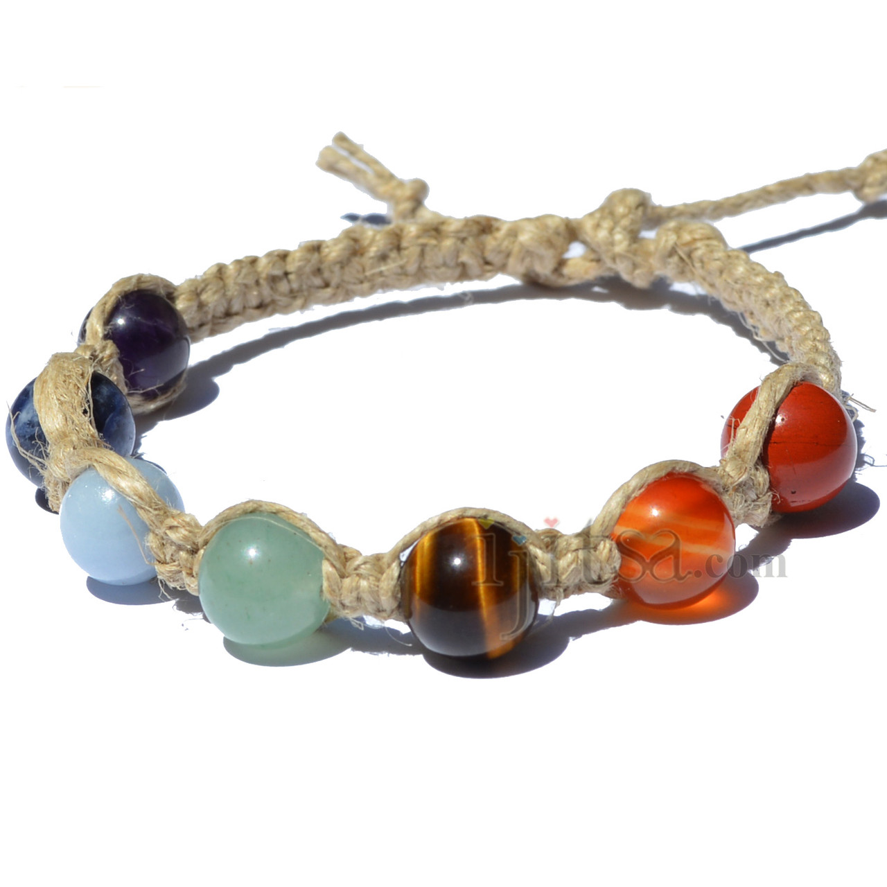 White flat hemp twine bracelet or anklet with 7 Chakra gem beads