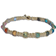 Natural thick flat wide hemp necklace with mixed gemstone beads throughout