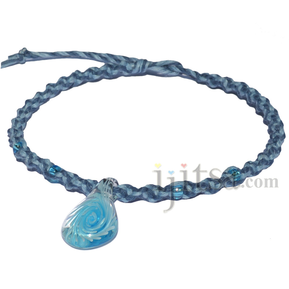 Dark blue and sky blue twisted hemp necklace with clear blue swirl