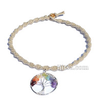 Natural soft twisted hemp necklace with Tree of life pendant with 7 chakras gem beads 