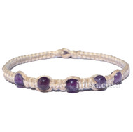 Natural and white flat wide hemp necklace with five amethyst gem beads