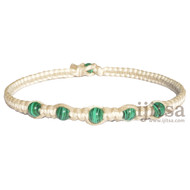 Natural and white flat wide hemp necklace with five malachite gem beads
