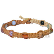 Golden brown wide flat hemp necklace with mixed gem beads throughout
