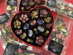 Valentine Box of Salted Caramels, Hearts, Bee Kisses and Dark Chocolate Blossoms