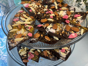 Chocolate Bark with Candied Rose Petals and Almonds