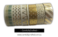 Foil Washi Tape - Set of 6 - Gold Washi Tapes - 15mm x 10 metres each - High Quality Masking Tape