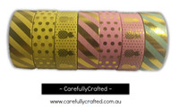 Foil Washi Tape - Set of 7 - Pink, Green, Yellow & Gold Washi Tapes - 15mm x 10 metres each - High Quality Masking Tape
