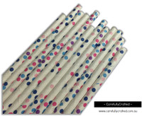 25 Paper Straws - Pink, Purple, Blue Dots on White - #PS52