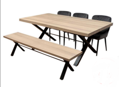 Henry Grey Oak Fixed Table With Meta Cross Rail