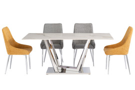 Remo Kass Gold 1.8M Dining Table + 4 Rhone Dining Chairs /2 Mustard + 2 Ash/