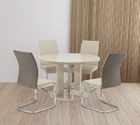 Elly Latte 1.07M Round Dining Table + 4 Jasper Stone/Taupe PU Dining Chair