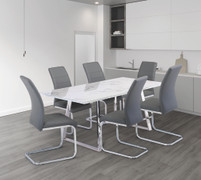 Waverton White Marble/Chrome Leg 1.8M dining Table + 6 Soho Grey PU Cantilever Dining Chair