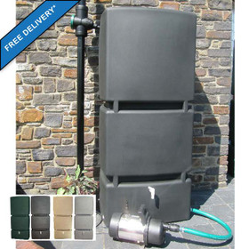 800L Water Tank with Garden Pump and Connectors in Black. Inset shows colour options: Green (no longer available), Black, Sand, Granite.