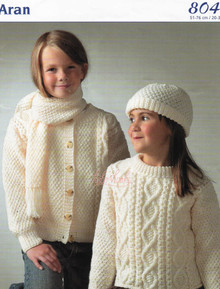Vintage Childrens Aran Sweater, Cardigan, Scarf and Hat