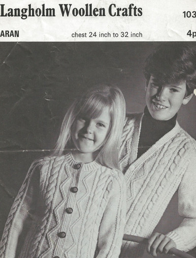 Childrens Vintage Aran Cardigan with Crew and V-Neck