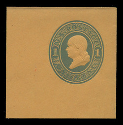 USA Scott # U 111a, 1874-86 1c Franklin, Scott Die U34, light blue on orange - Mint Full Corner