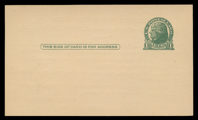U.S. Scott # UX 27, 1914 1c Thomas Jefferson, green on buff - Mint Face  Postal Card - SteveLevineStamps-Plus