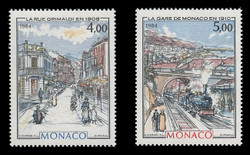 MONACO Scott #1436-7, 1984 Rue Grimaldi & Trains, Paintings by Hubert Clerissi (Set of 2)