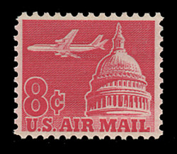 U.S. Scott # C  64a, 1964 8c Jet Airliner over Capitol, carmine - Tagged