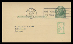 U.S. Scott # UX  39a/UPSS #S56-3, 1952 2c on 1c Thomas Jefferson (UX27), green on buff - Used Postal Card (See Warranty)